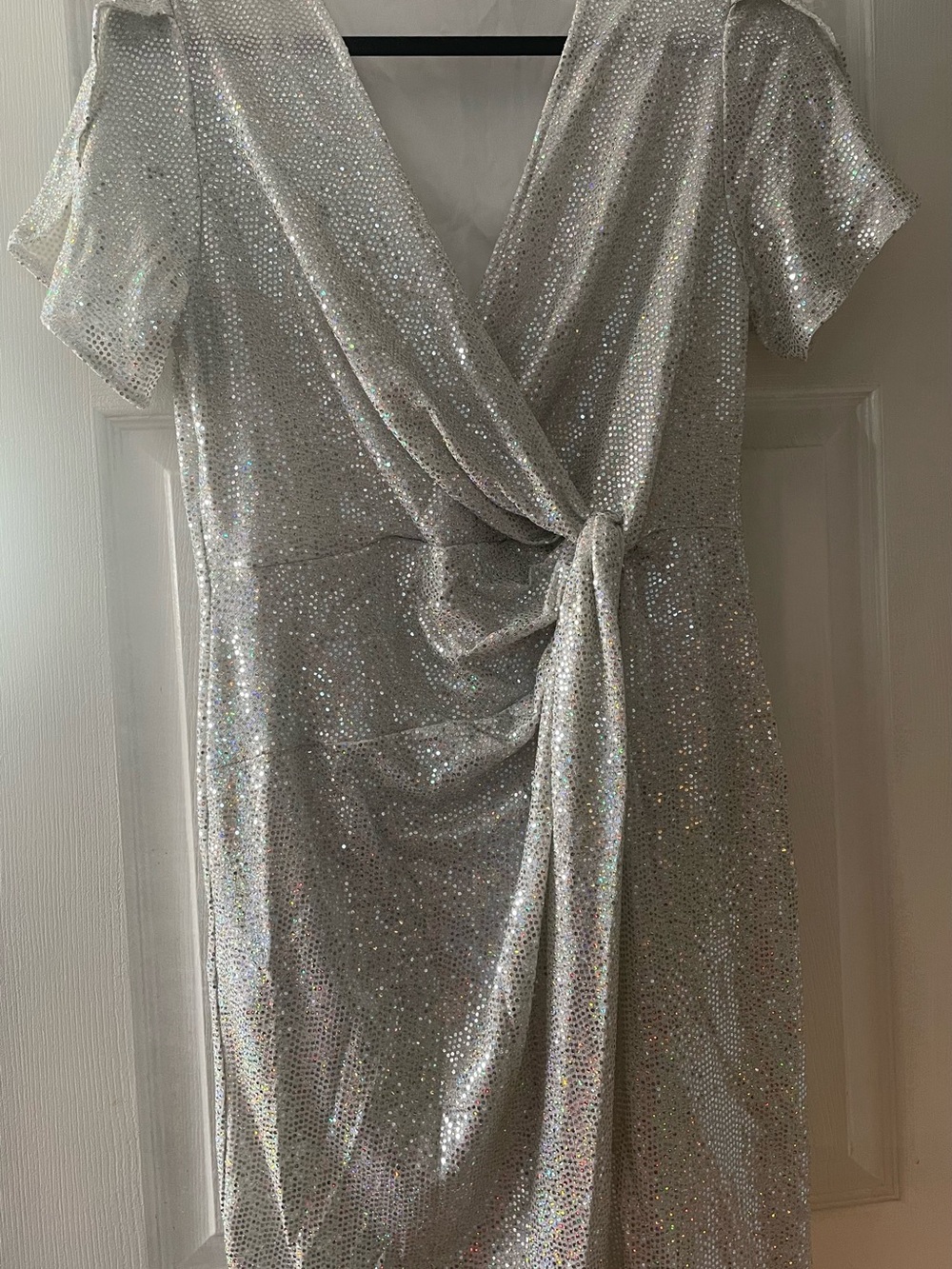 Silver Sequin Wrap-Style Prom Dress with Side Knot